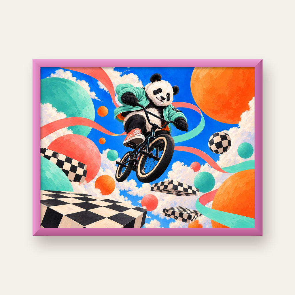 BMX Bisikletli Panda Fantazisi – Renkli Fantastik Poster — pembe çerçeveli