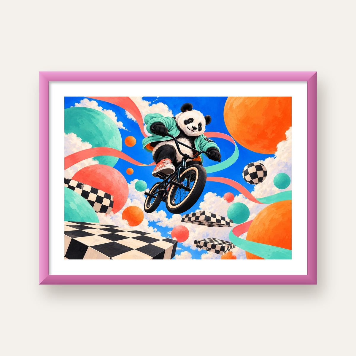 BMX Bisikletli Panda Fantazisi – Renkli Fantastik Poster — pembe çerçeveli paspartulu