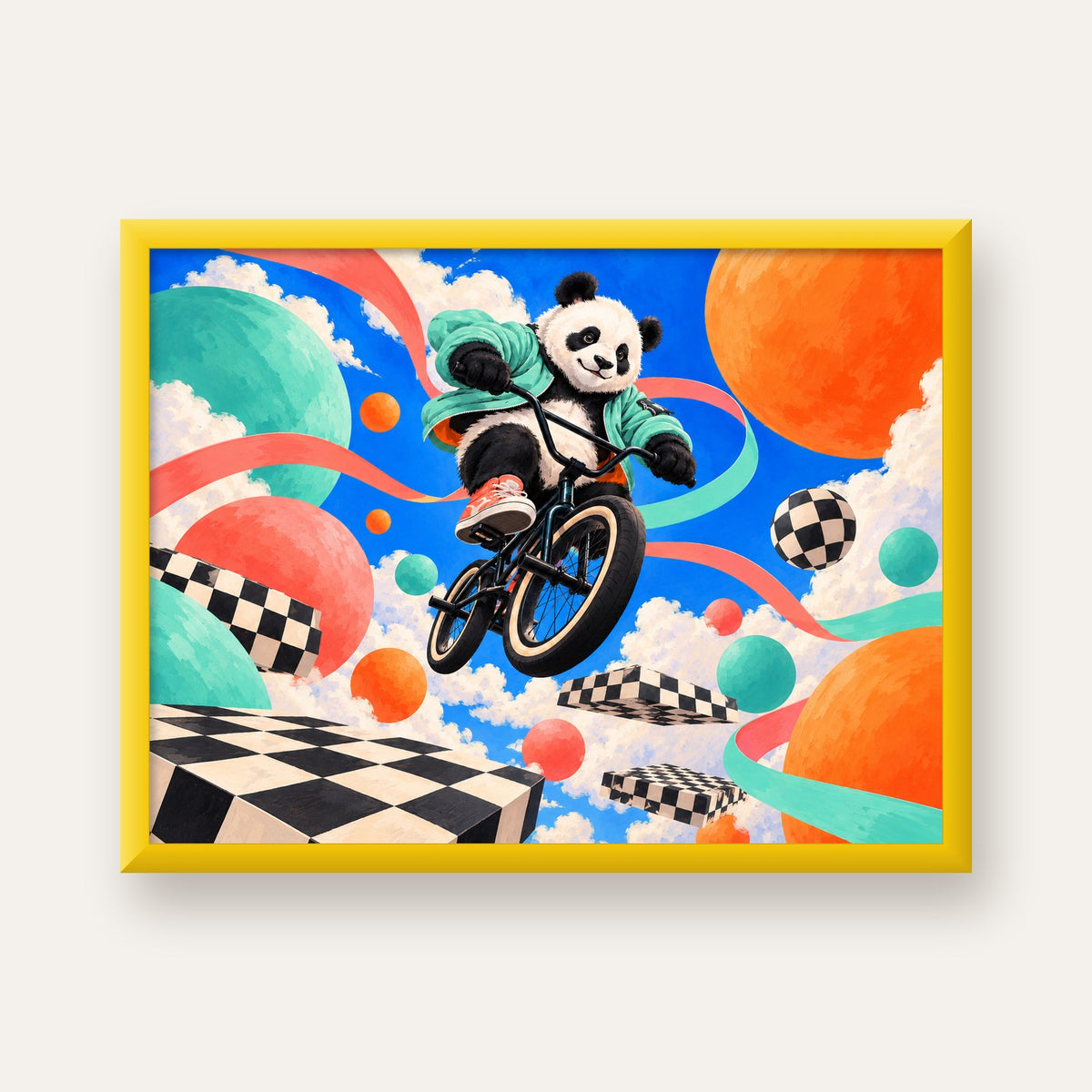 BMX Bisikletli Panda Fantazisi – Renkli Fantastik Poster — sarı çerçeveli