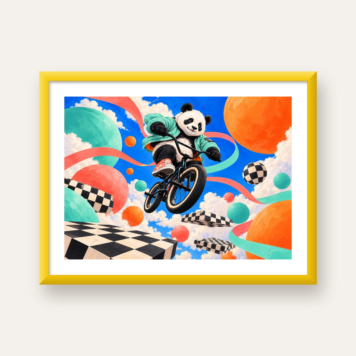 BMX Bisikletli Panda Fantazisi – Renkli Fantastik Poster — sarı çerçeveli paspartulu