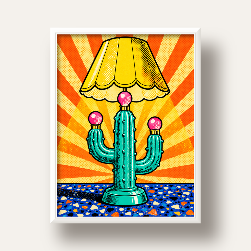 Kaktüs Abajur Pop Art Poster – Renkli Retro Çizgi Roman Tasarımı — beyaz derin çerçeveli
