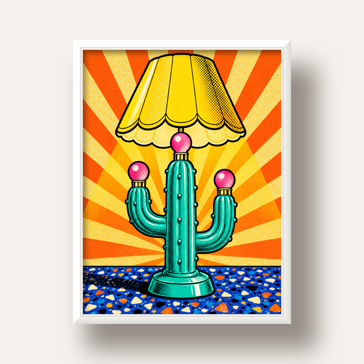 Kaktüs Abajur Pop Art Poster – Renkli Retro Çizgi Roman Tasarımı — beyaz derin çerçeveli