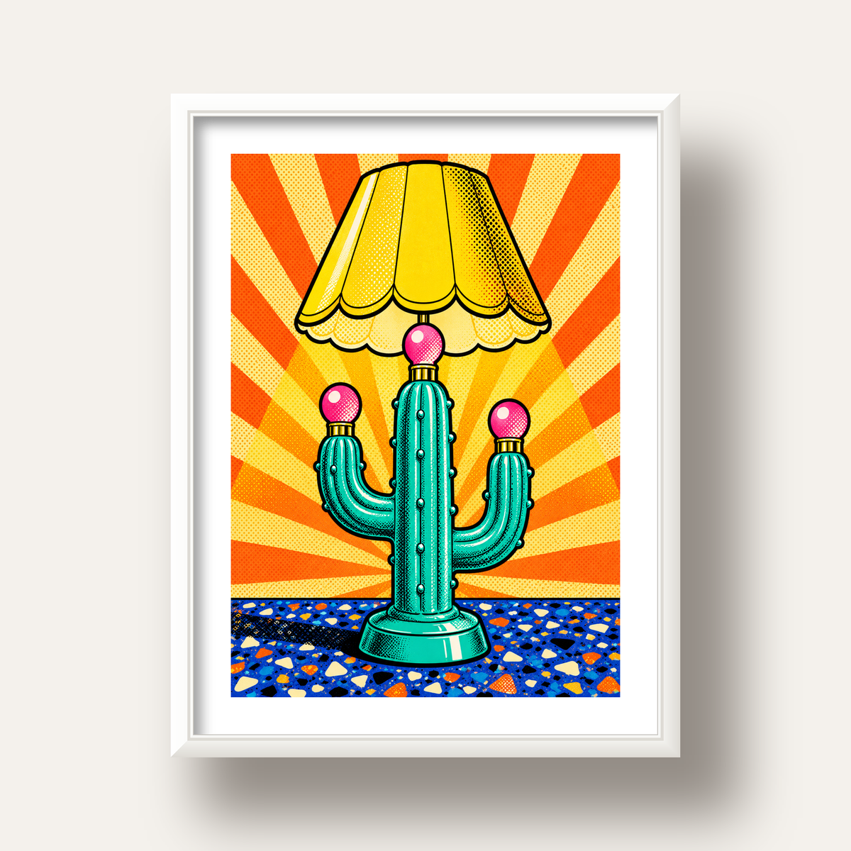 Kaktüs Abajur Pop Art Poster – Renkli Retro Çizgi Roman Tasarımı — beyaz derin çerçeveli paspartulu