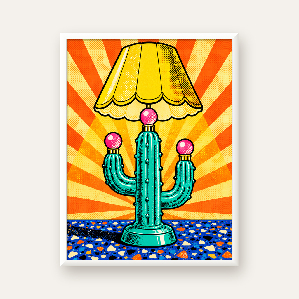 Kaktüs Abajur Pop Art Poster – Renkli Retro Çizgi Roman Tasarımı — beyaz çerçeveli dikey poster