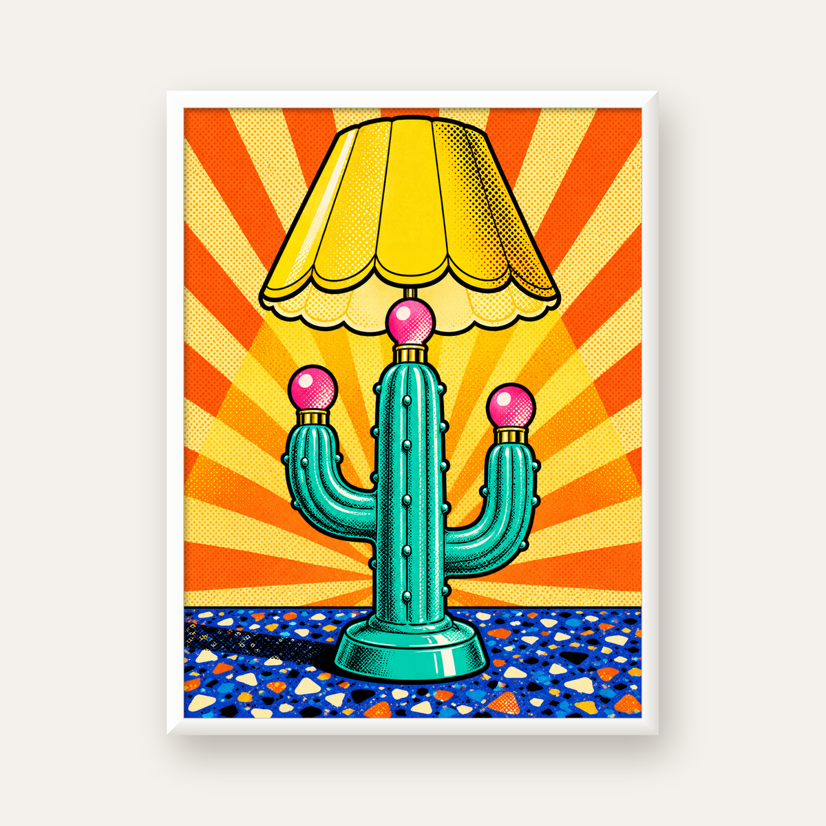 Kaktüs Abajur Pop Art Poster – Renkli Retro Çizgi Roman Tasarımı — beyaz çerçeveli dikey poster