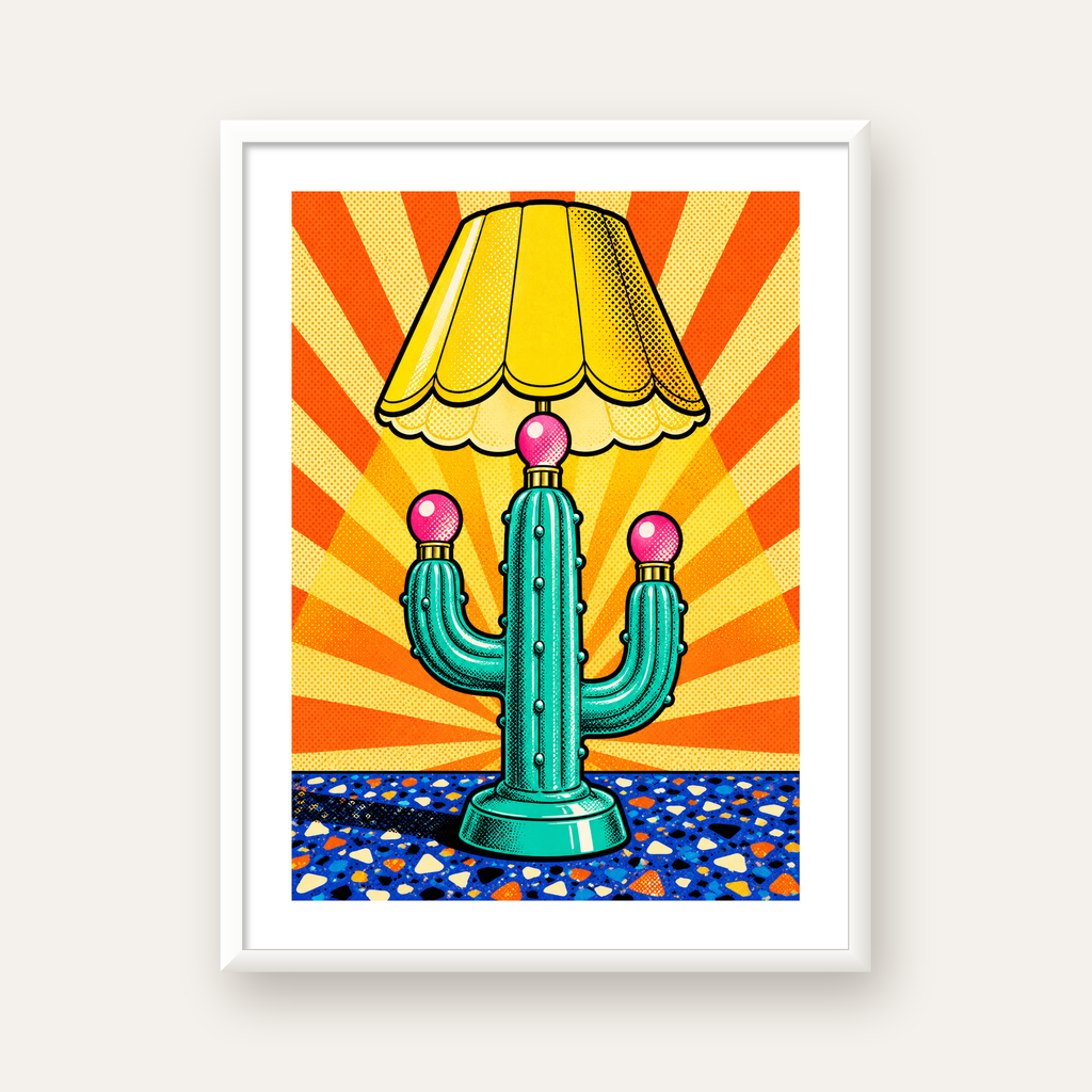 Kaktüs Abajur Pop Art Poster – Renkli Retro Çizgi Roman Tasarımı — beyaz çerçeveli dikey poster
