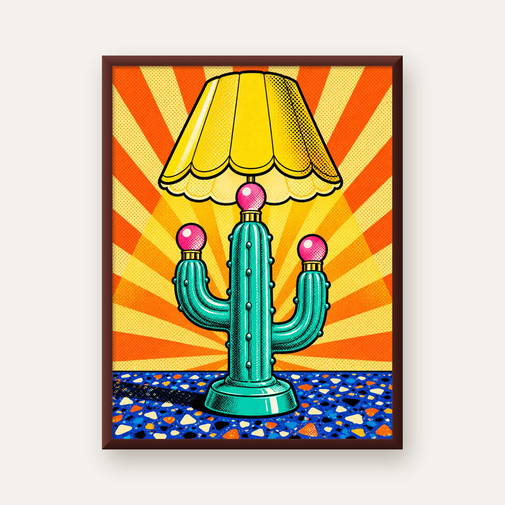 Kaktüs Abajur Pop Art Poster – Renkli Retro Çizgi Roman Tasarımı — ceviz çerçeveli