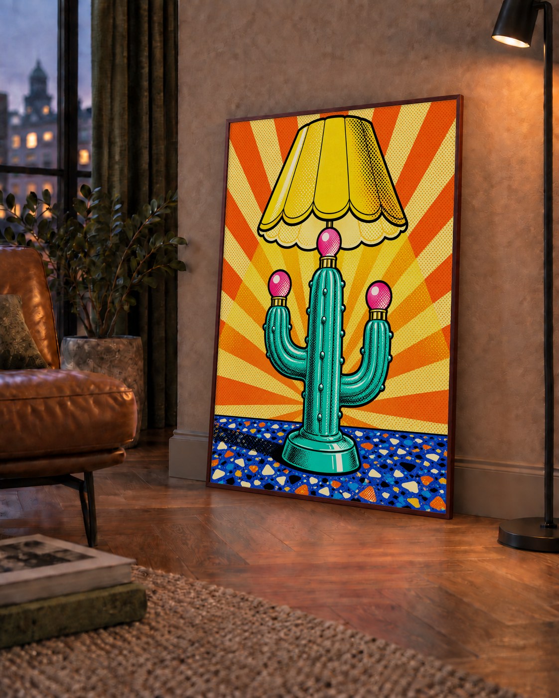 Kaktüs Abajur Pop Art Poster – Renkli Retro Çizgi Roman Tasarımı