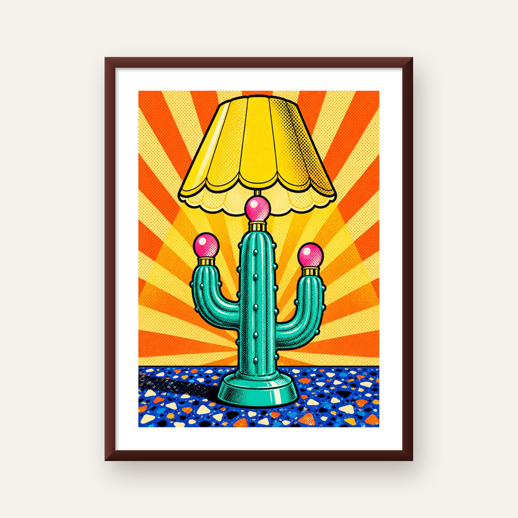 Kaktüs Abajur Pop Art Poster – Renkli Retro Çizgi Roman Tasarımı — ceviz çerçeveli paspartulu