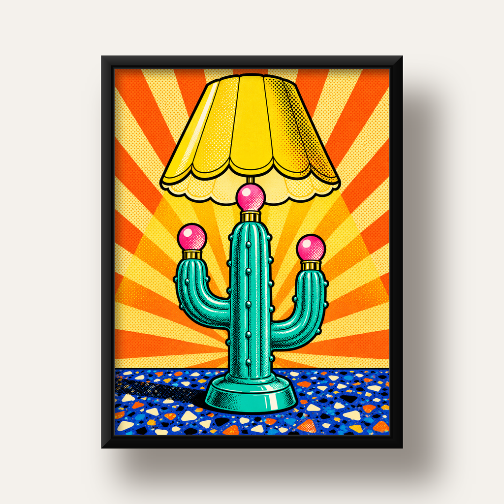 Kaktüs Abajur Pop Art Poster – Renkli Retro Çizgi Roman Tasarımı — siyah derin çerçeveli