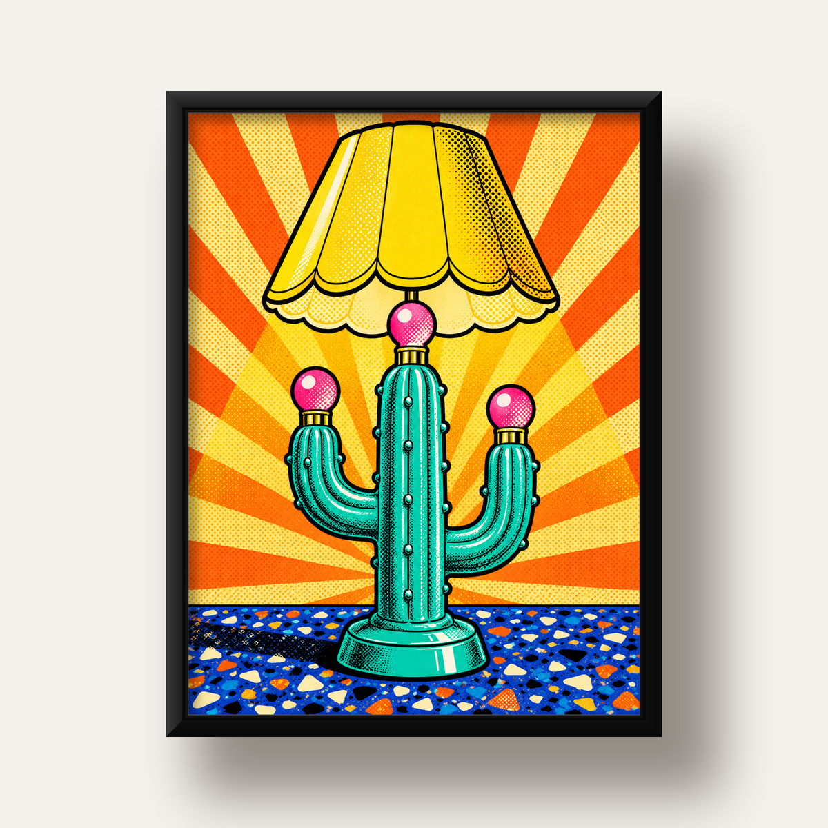 Kaktüs Abajur Pop Art Poster – Renkli Retro Çizgi Roman Tasarımı — siyah derin çerçeveli