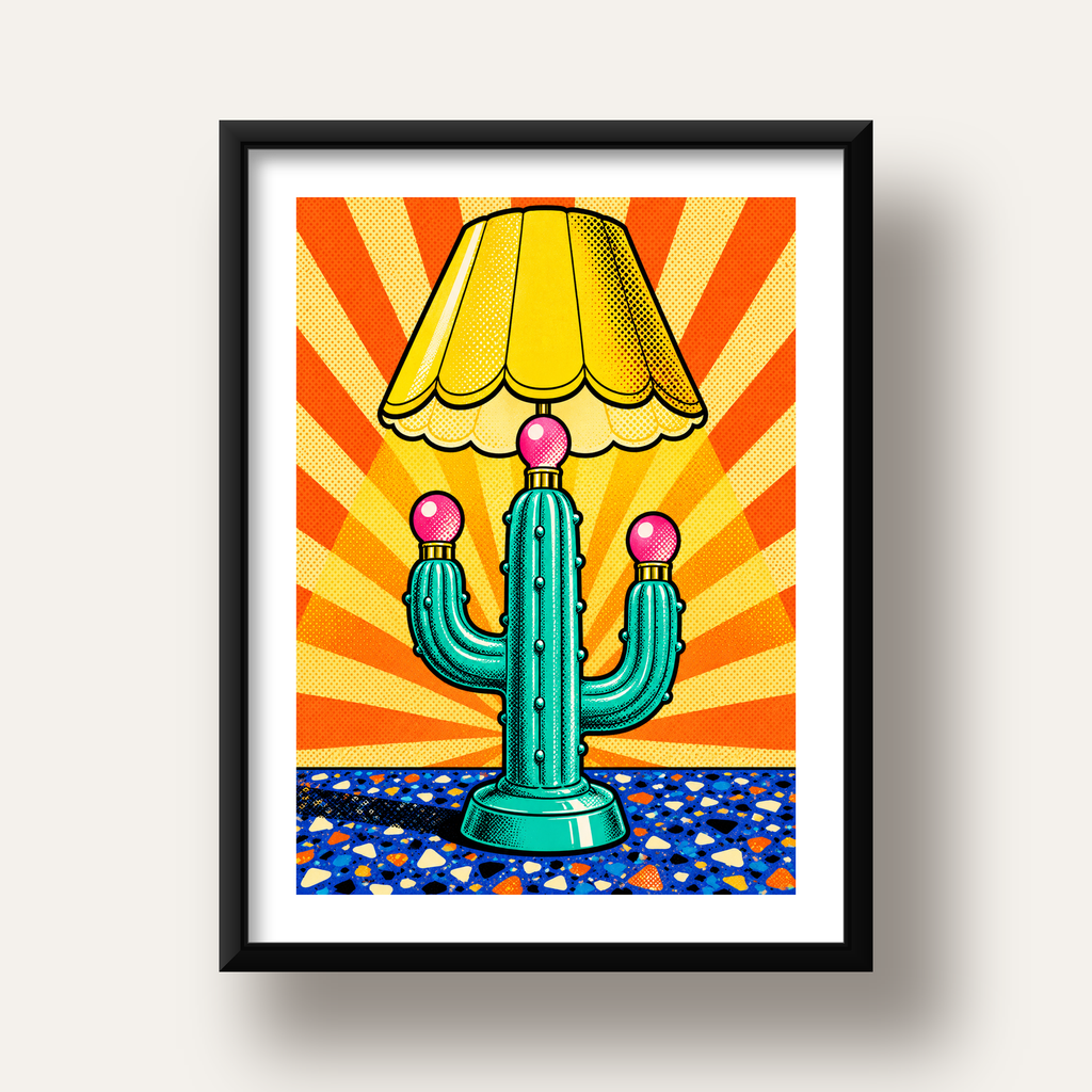Kaktüs Abajur Pop Art Poster – Renkli Retro Çizgi Roman Tasarımı — siyah derin çerçeveli paspartulu