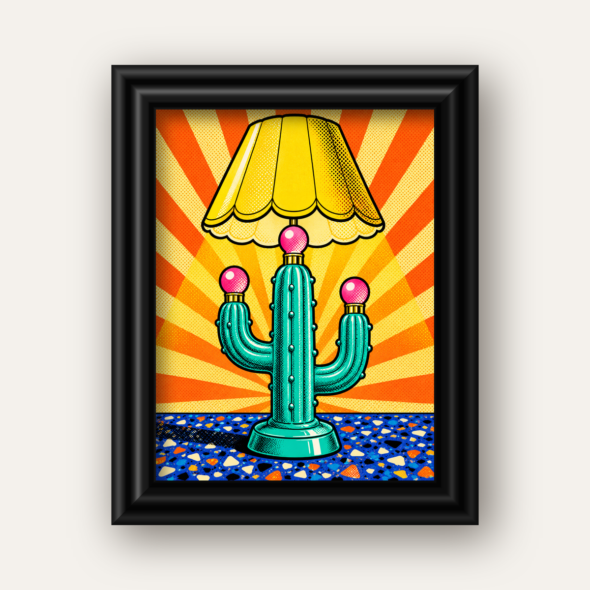Kaktüs Abajur Pop Art Poster – Renkli Retro Çizgi Roman Tasarımı — siyah galeri çerçeveli