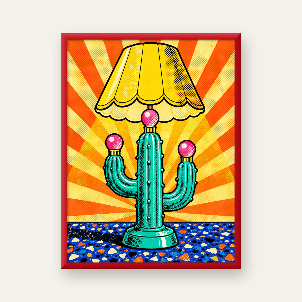 Kaktüs Abajur Pop Art Poster – Renkli Retro Çizgi Roman Tasarımı — kırmızı çerçeveli