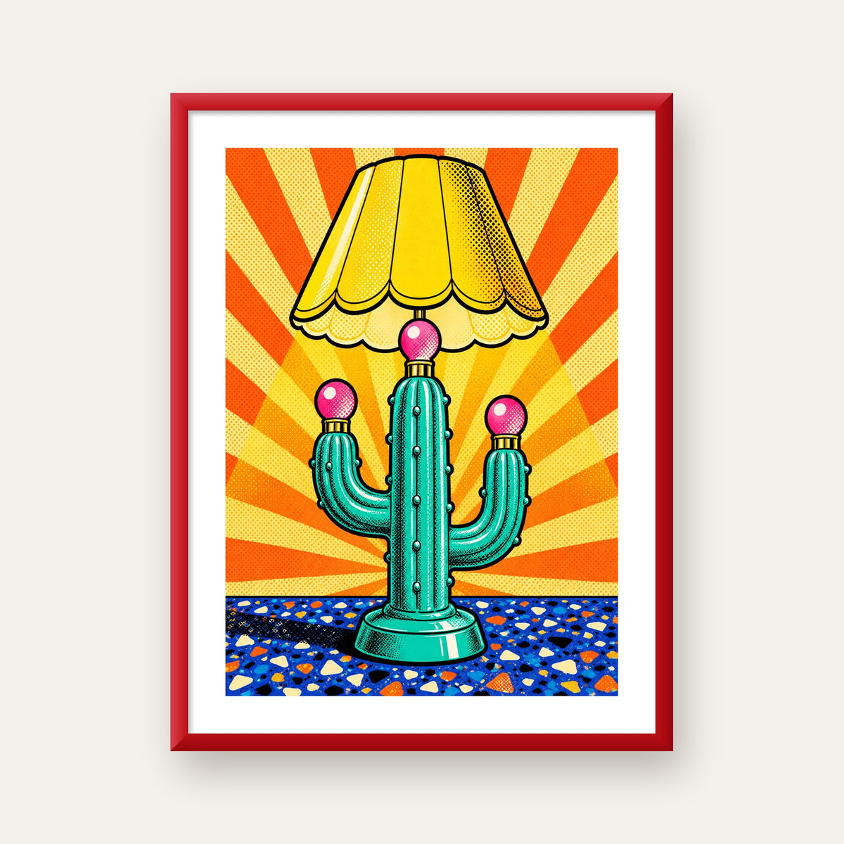Kaktüs Abajur Pop Art Poster – Renkli Retro Çizgi Roman Tasarımı — kırmızı çerçeveli paspartulu