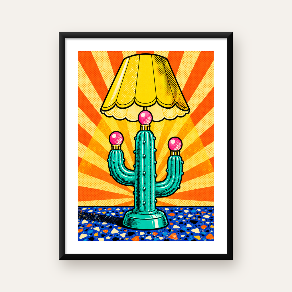 Kaktüs Abajur Pop Art Poster – Renkli Retro Çizgi Roman Tasarımı — Dikey baskı, beyaz paspartulu