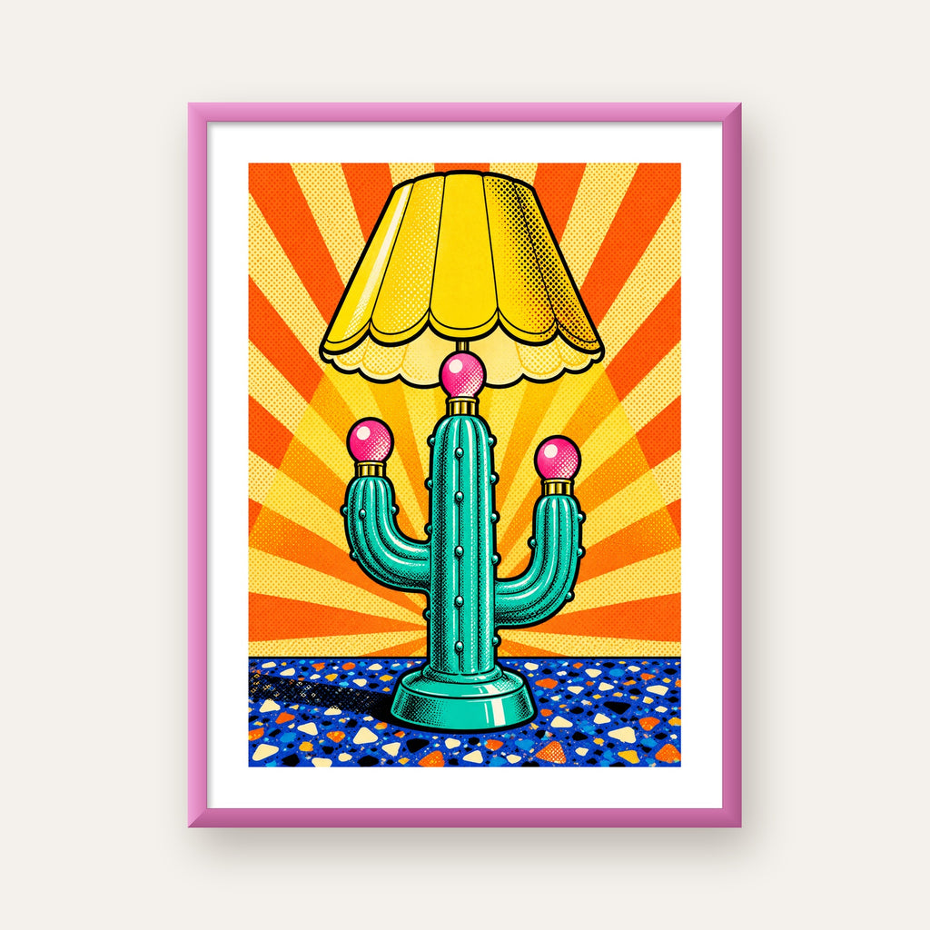 Kaktüs Abajur Pop Art Poster – Renkli Retro Çizgi Roman Tasarımı — pembe çerçeveli paspartulu