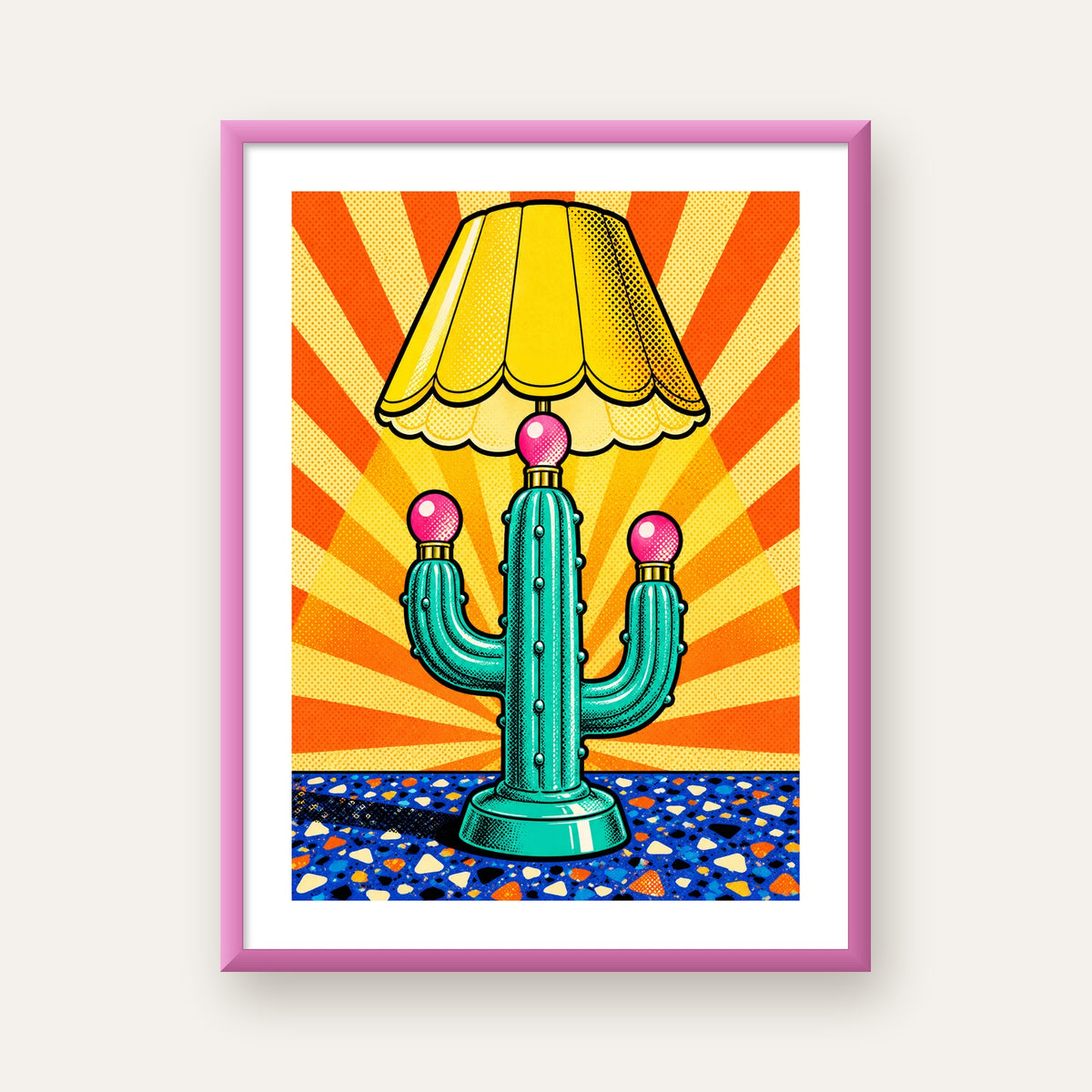 Kaktüs Abajur Pop Art Poster – Renkli Retro Çizgi Roman Tasarımı — pembe çerçeveli paspartulu