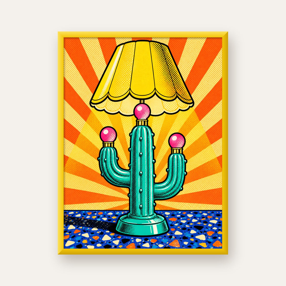 Kaktüs Abajur Pop Art Poster – Renkli Retro Çizgi Roman Tasarımı — sarı çerçeveli