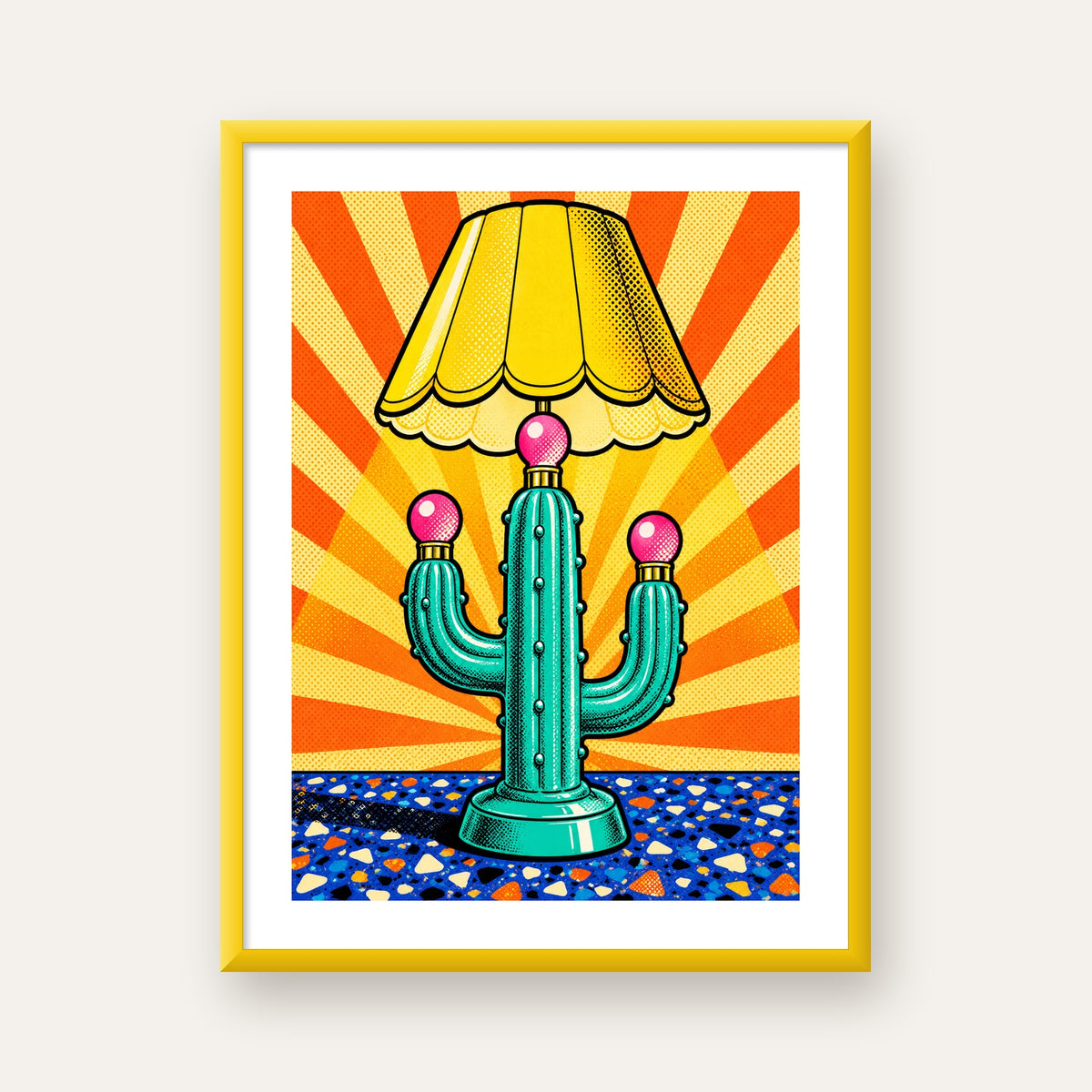 Kaktüs Abajur Pop Art Poster – Renkli Retro Çizgi Roman Tasarımı — sarı çerçeveli paspartulu