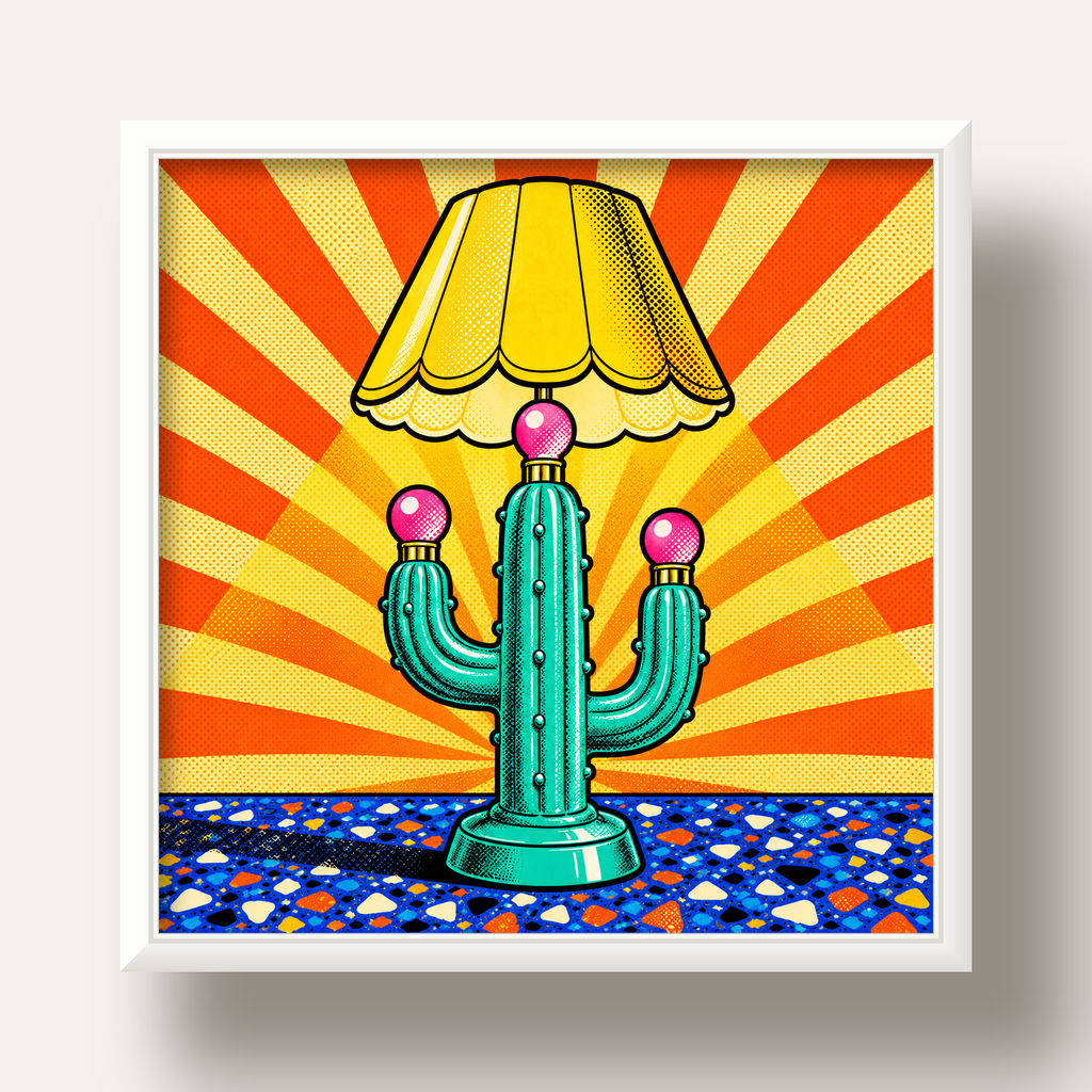 Kaktüs Abajur Pop Art Poster – Renkli Retro Çizgi Roman Tasarımı — beyaz derin çerçeveli