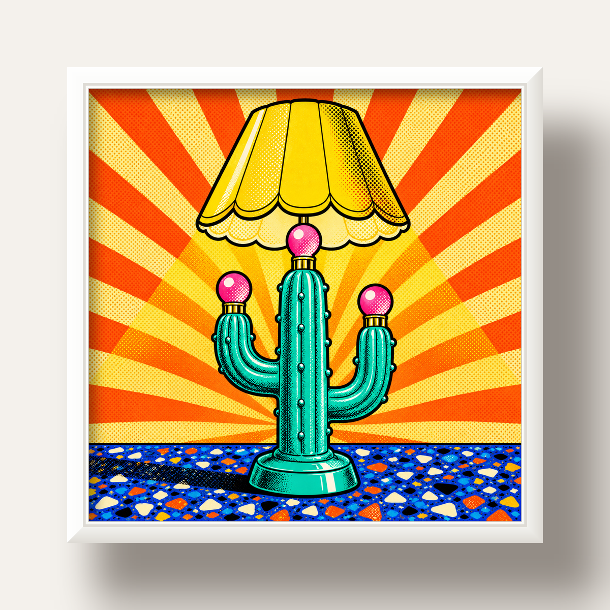 Kaktüs Abajur Pop Art Poster – Renkli Retro Çizgi Roman Tasarımı — beyaz derin çerçeveli
