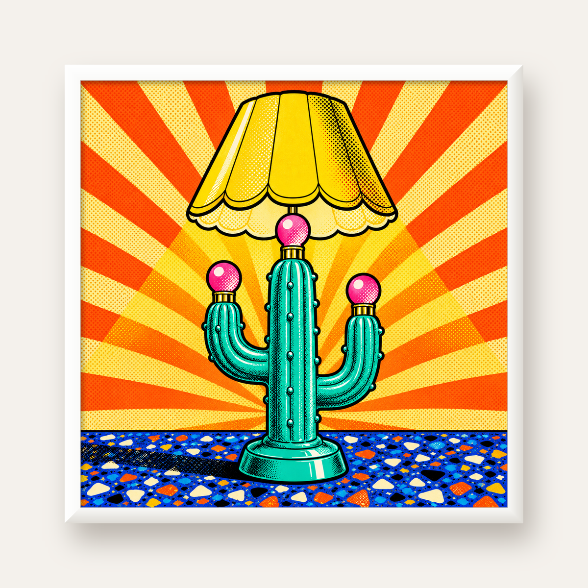 Kaktüs Abajur Pop Art Poster – Renkli Retro Çizgi Roman Tasarımı — beyaz çerçeveli kare poster