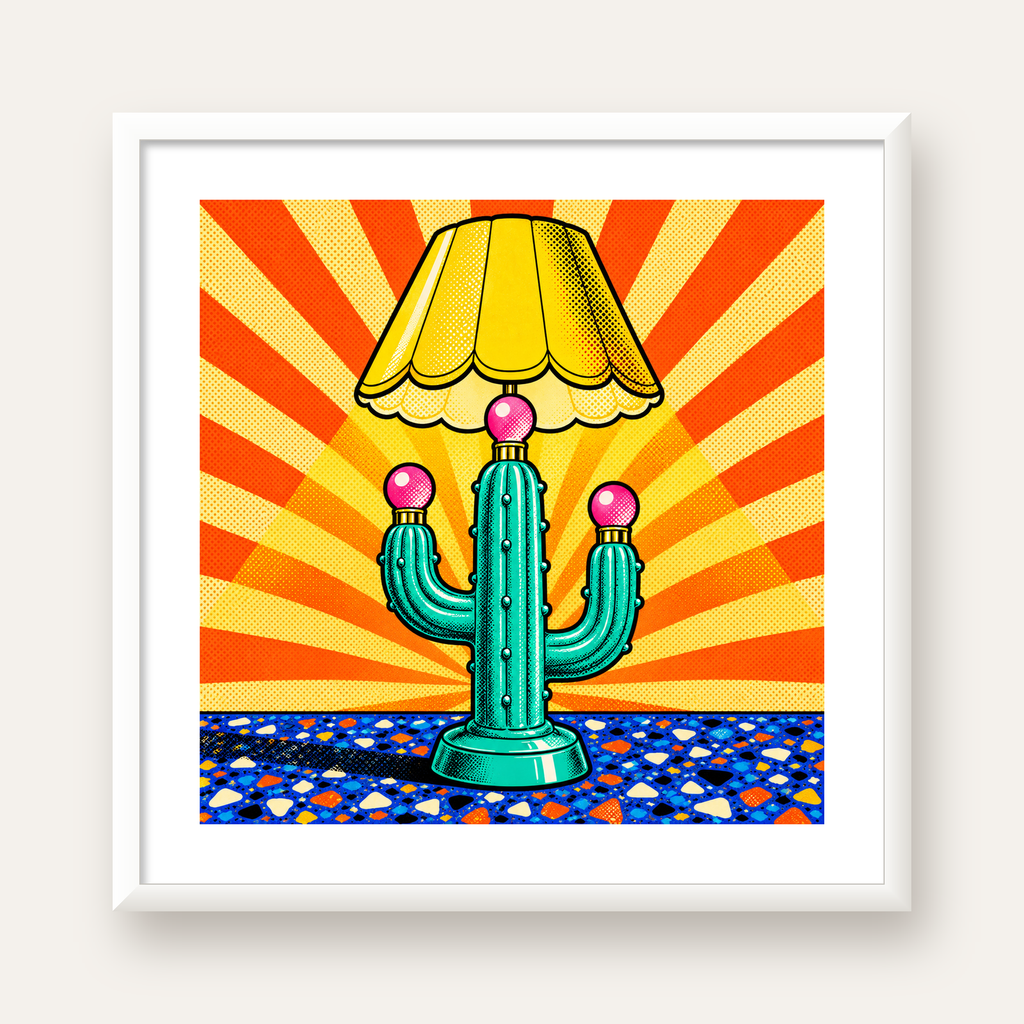 Kaktüs Abajur Pop Art Poster – Renkli Retro Çizgi Roman Tasarımı — beyaz çerçeveli kare poster