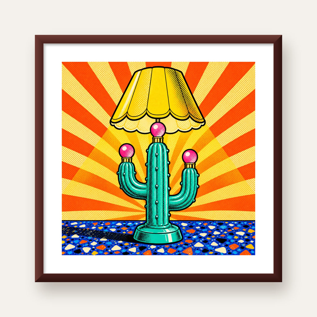 Kaktüs Abajur Pop Art Poster – Renkli Retro Çizgi Roman Tasarımı — ceviz çerçeveli paspartulu