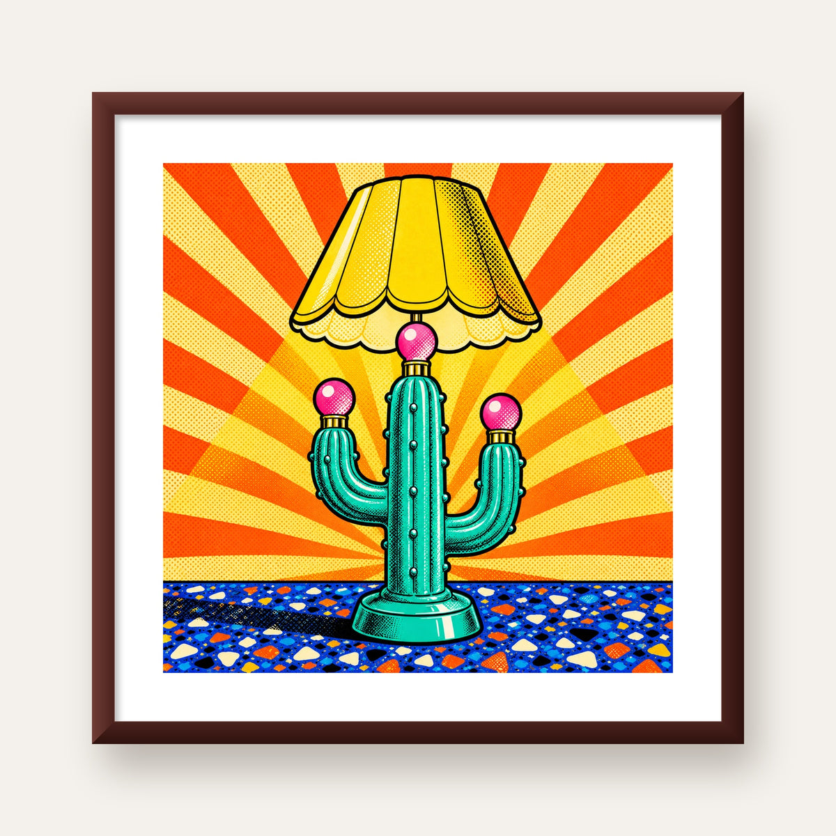Kaktüs Abajur Pop Art Poster – Renkli Retro Çizgi Roman Tasarımı — ceviz çerçeveli paspartulu