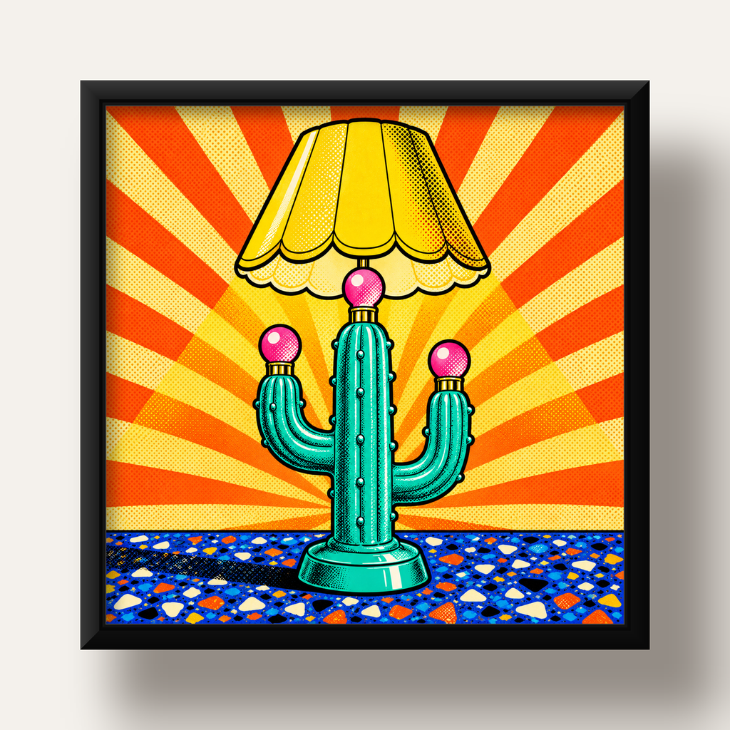 Kaktüs Abajur Pop Art Poster – Renkli Retro Çizgi Roman Tasarımı — siyah derin çerçeveli