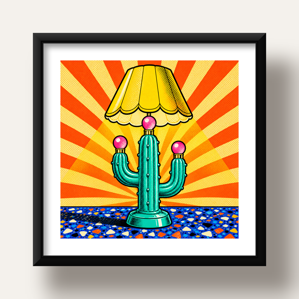 Kaktüs Abajur Pop Art Poster – Renkli Retro Çizgi Roman Tasarımı — siyah derin çerçeveli paspartulu