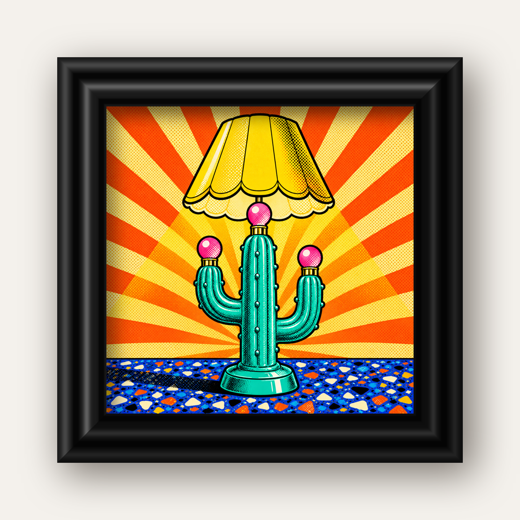 Kaktüs Abajur Pop Art Poster – Renkli Retro Çizgi Roman Tasarımı — siyah galeri çerçeveli