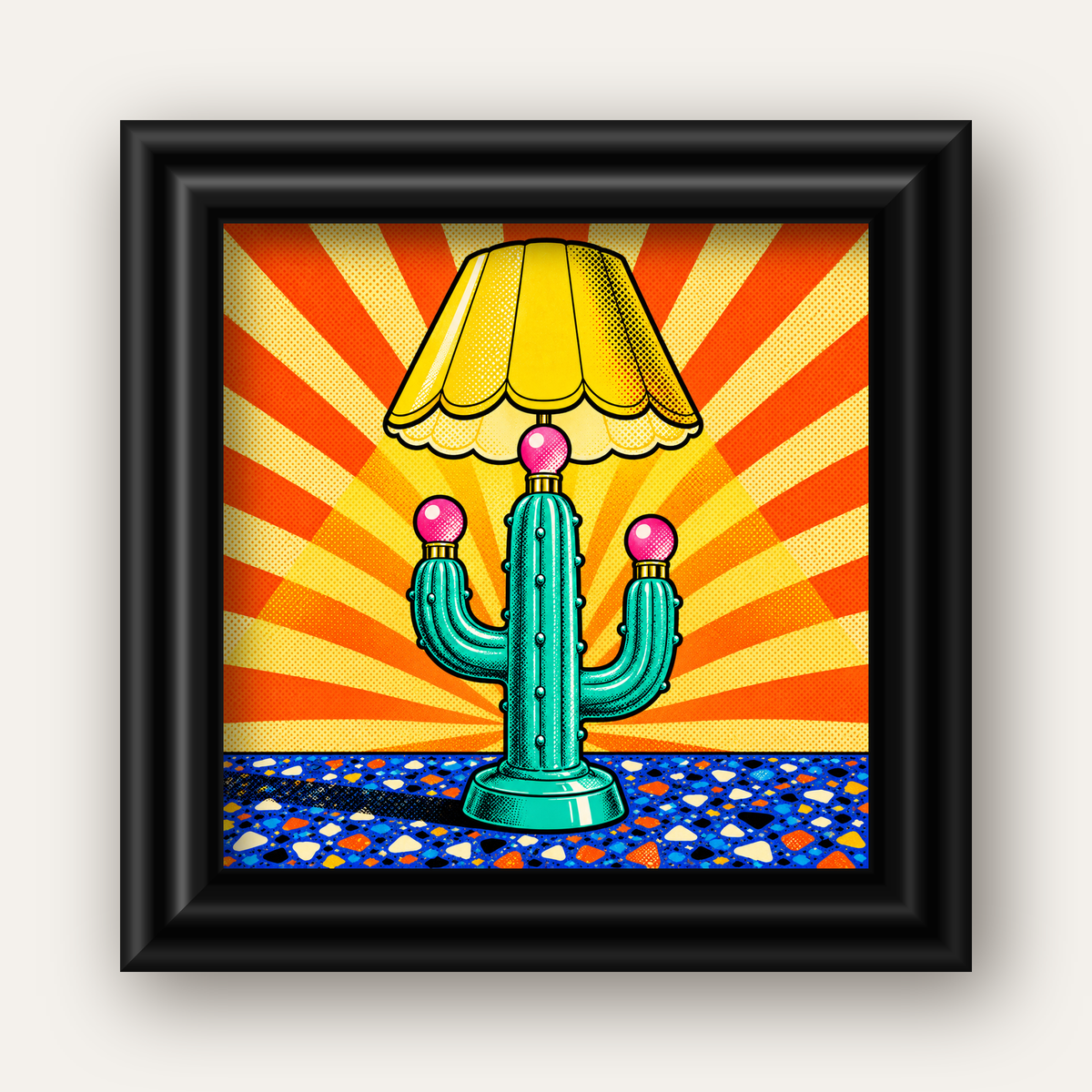 Kaktüs Abajur Pop Art Poster – Renkli Retro Çizgi Roman Tasarımı — siyah galeri çerçeveli