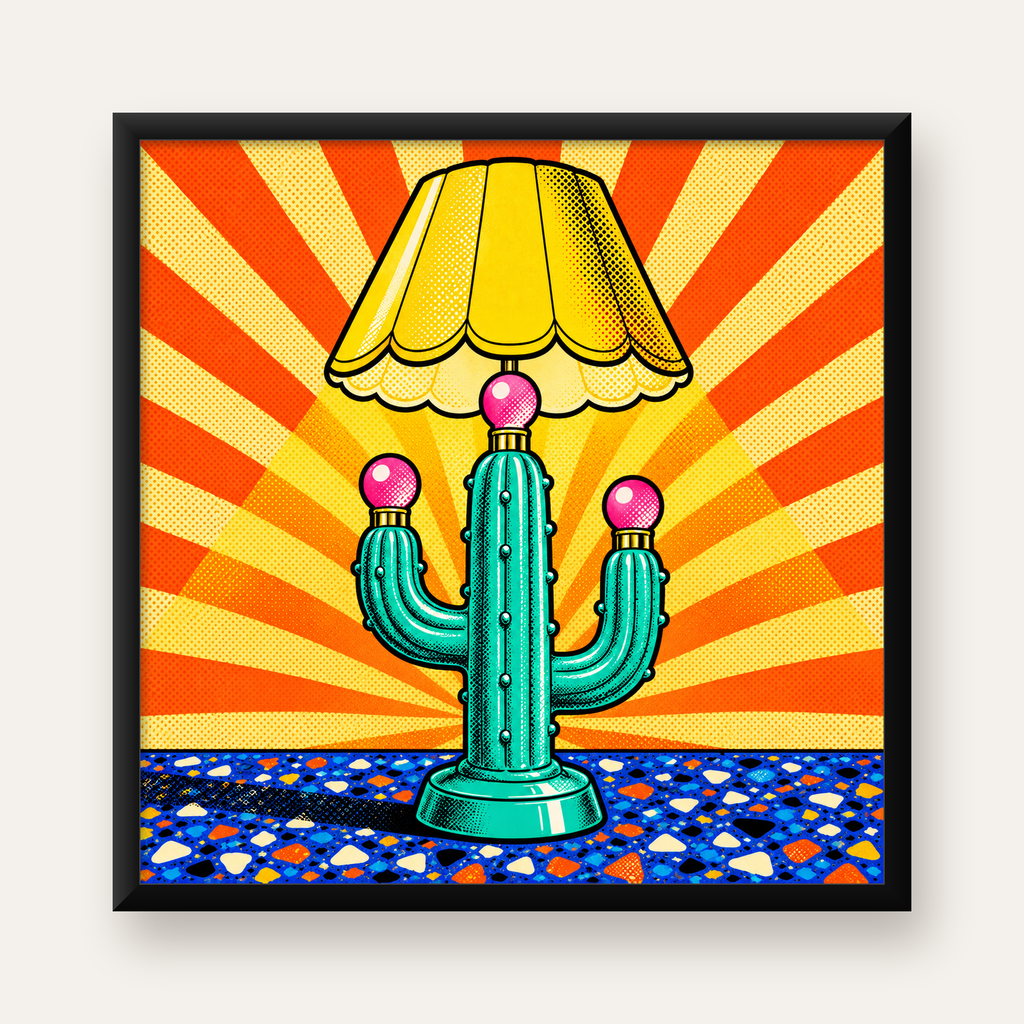 Kaktüs Abajur Pop Art Poster – Renkli Retro Çizgi Roman Tasarımı — Kare baskı, düz siyah çerçeveli duvar posteri