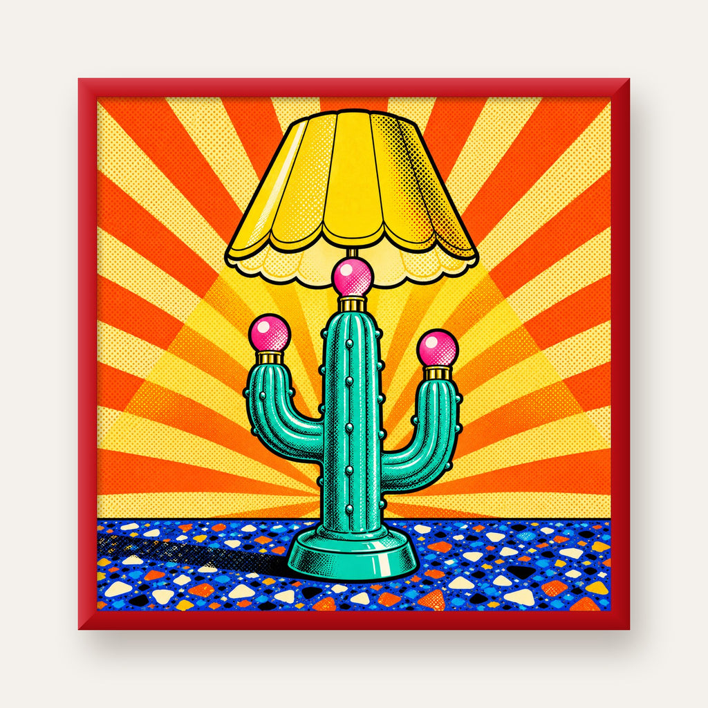 Kaktüs Abajur Pop Art Poster – Renkli Retro Çizgi Roman Tasarımı — kırmızı çerçeveli