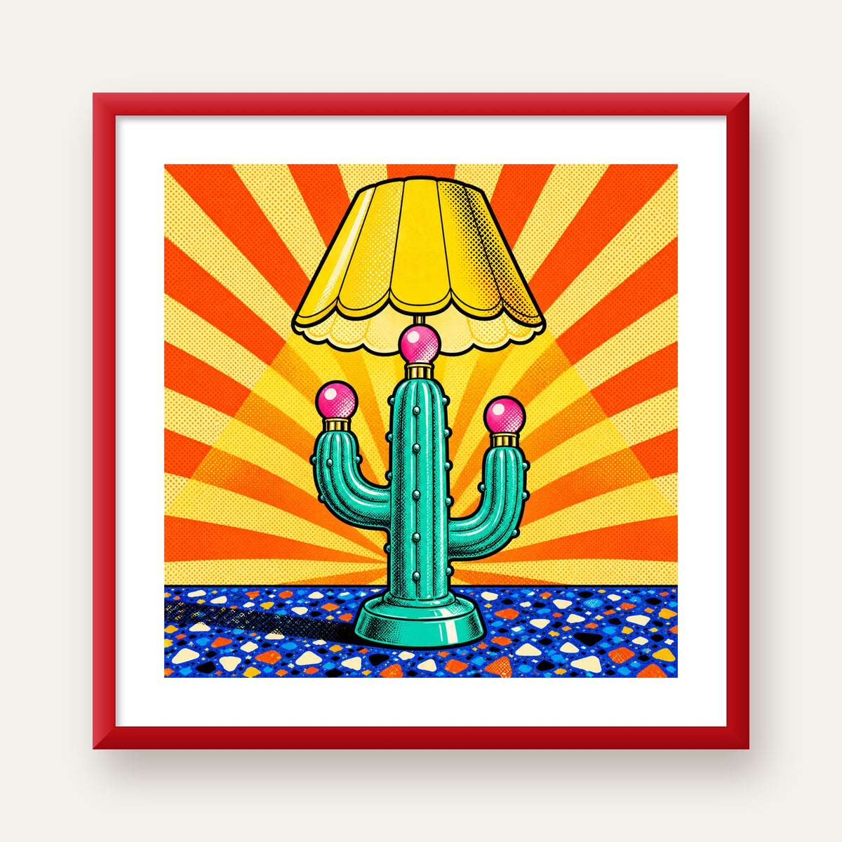 Kaktüs Abajur Pop Art Poster – Renkli Retro Çizgi Roman Tasarımı — kırmızı çerçeveli paspartulu
