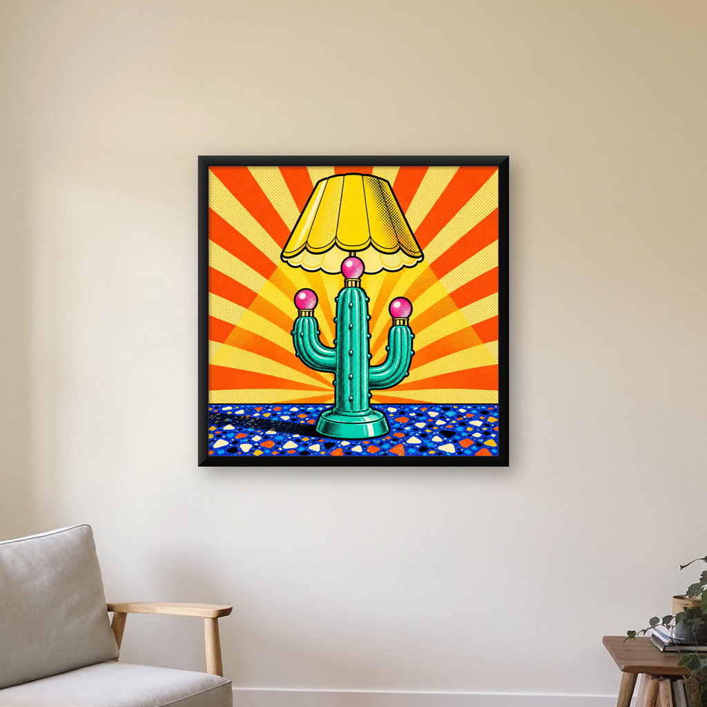 Kaktüs Abajur Pop Art Poster – Renkli Retro Çizgi Roman Tasarımı — Kare baskı, çerçeveli hâliyle bir ev duvarında