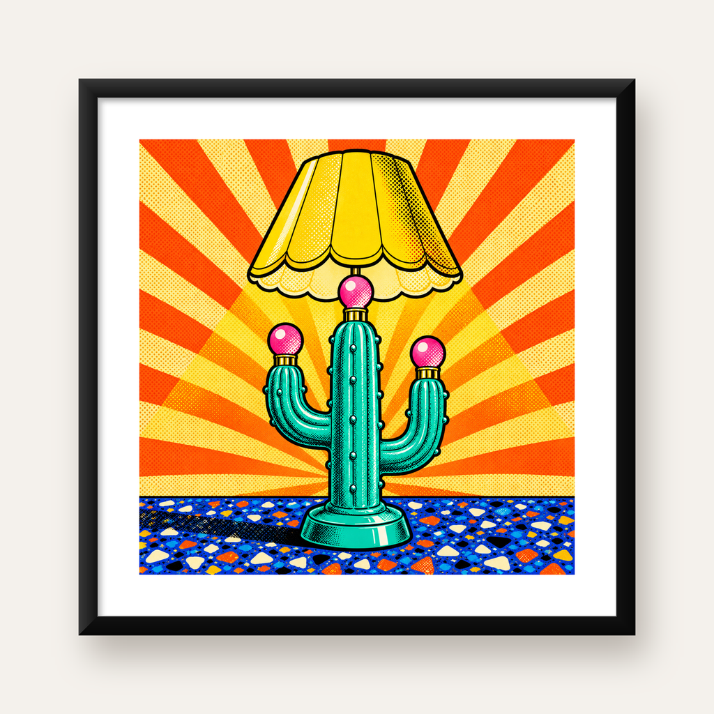 Kaktüs Abajur Pop Art Poster – Renkli Retro Çizgi Roman Tasarımı — Kare baskı, beyaz paspartulu