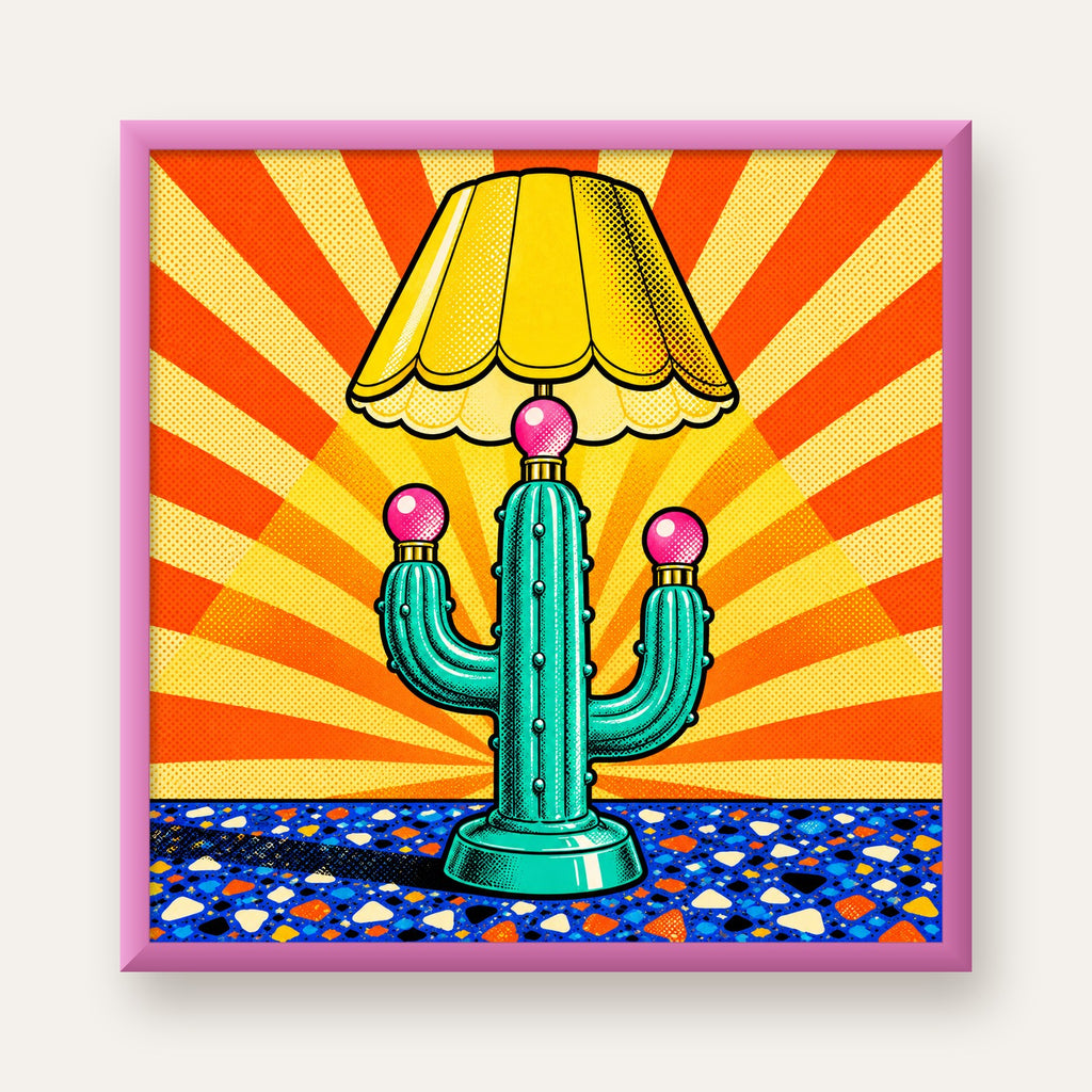 Kaktüs Abajur Pop Art Poster – Renkli Retro Çizgi Roman Tasarımı — pembe çerçeveli