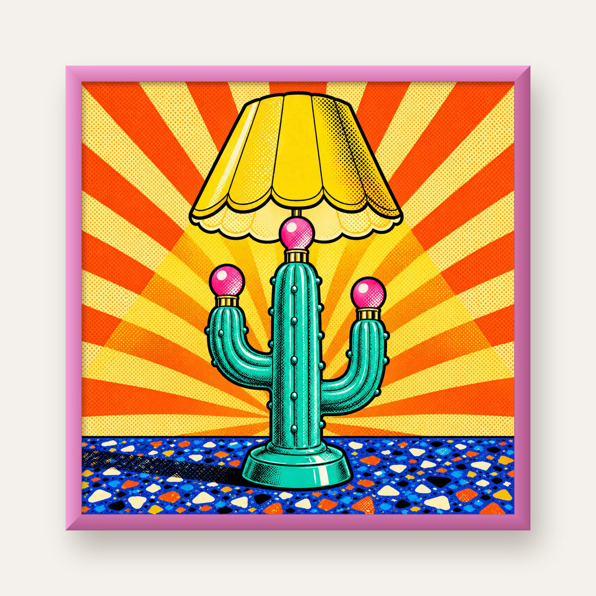 Kaktüs Abajur Pop Art Poster – Renkli Retro Çizgi Roman Tasarımı — pembe çerçeveli