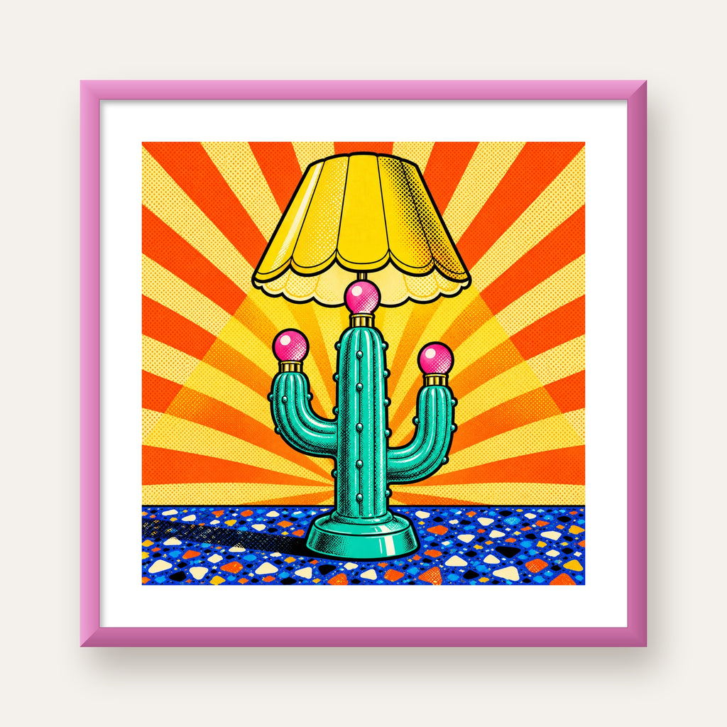 Kaktüs Abajur Pop Art Poster – Renkli Retro Çizgi Roman Tasarımı — pembe çerçeveli paspartulu