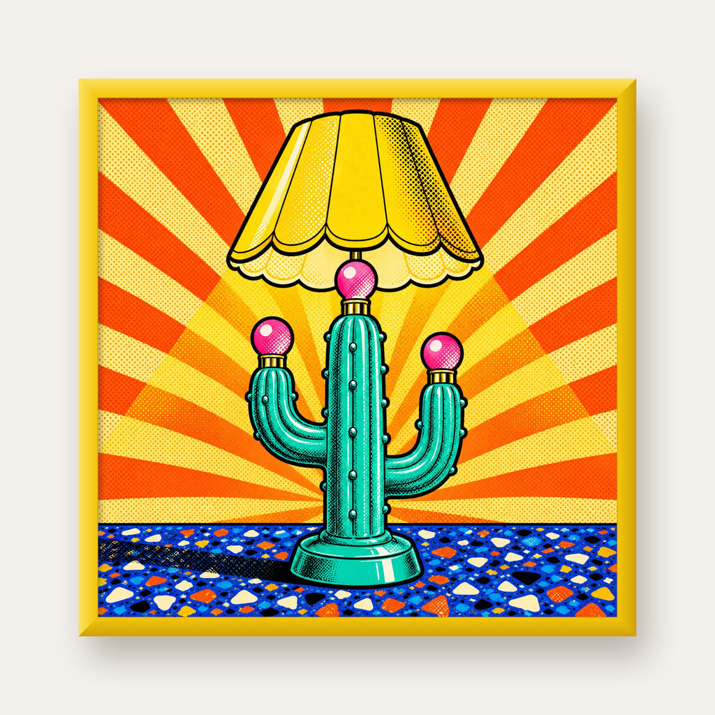 Kaktüs Abajur Pop Art Poster – Renkli Retro Çizgi Roman Tasarımı — sarı çerçeveli