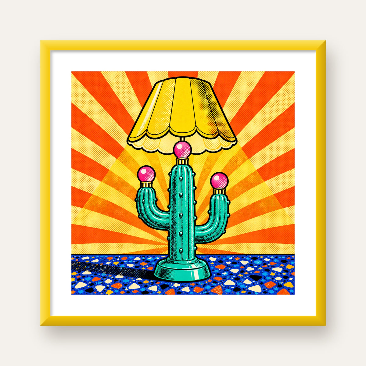 Kaktüs Abajur Pop Art Poster – Renkli Retro Çizgi Roman Tasarımı — sarı çerçeveli paspartulu