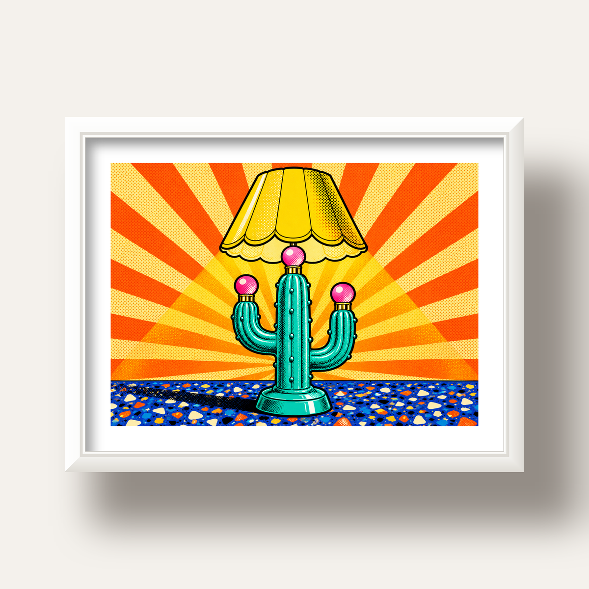 Kaktüs Abajur Pop Art Poster – Renkli Retro Çizgi Roman Tasarımı — beyaz derin çerçeveli paspartulu
