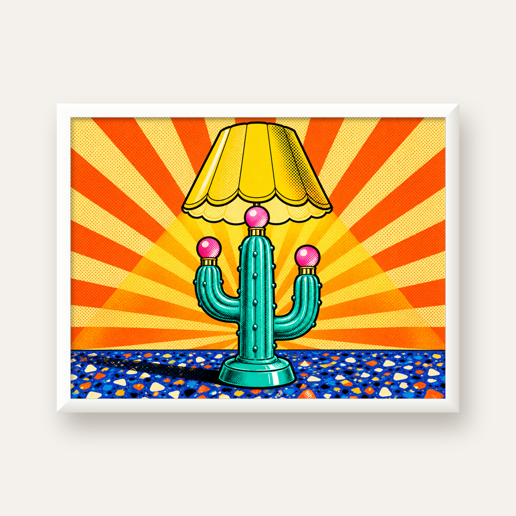 Kaktüs Abajur Pop Art Poster – Renkli Retro Çizgi Roman Tasarımı — beyaz çerçeveli yatay poster