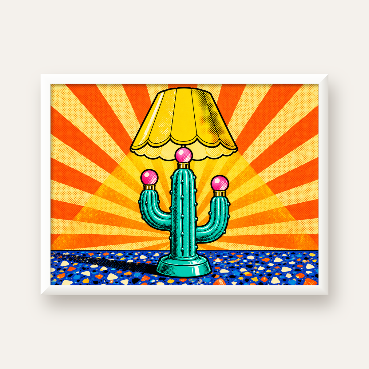 Kaktüs Abajur Pop Art Poster – Renkli Retro Çizgi Roman Tasarımı — beyaz çerçeveli yatay poster