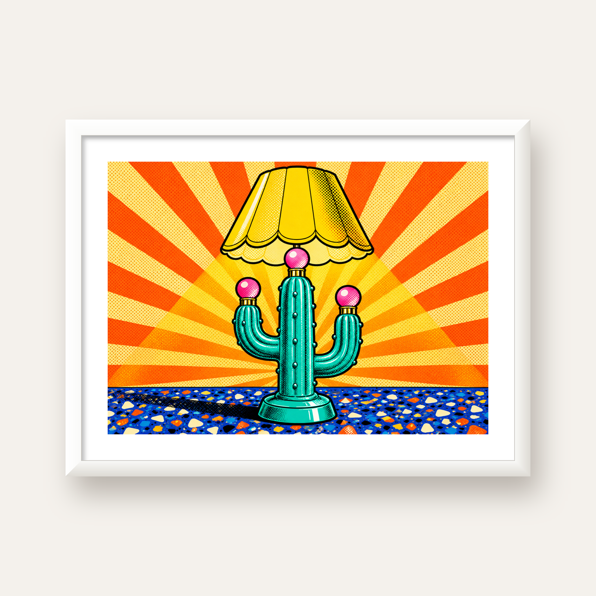 Kaktüs Abajur Pop Art Poster – Renkli Retro Çizgi Roman Tasarımı — beyaz çerçeveli yatay poster
