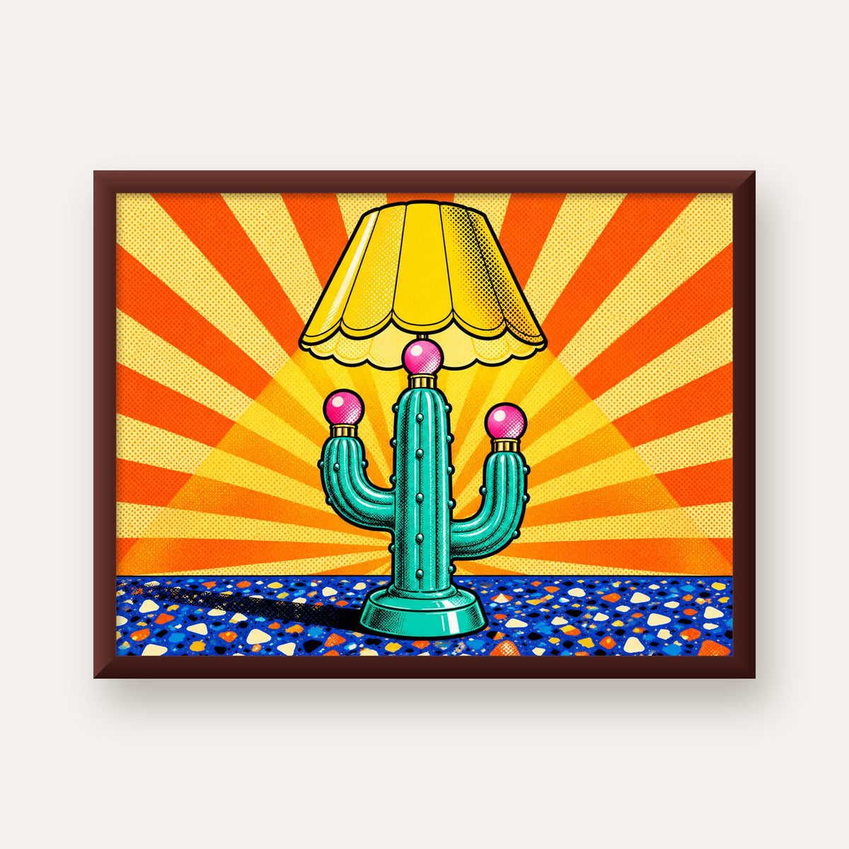 Kaktüs Abajur Pop Art Poster – Renkli Retro Çizgi Roman Tasarımı — ceviz çerçeveli
