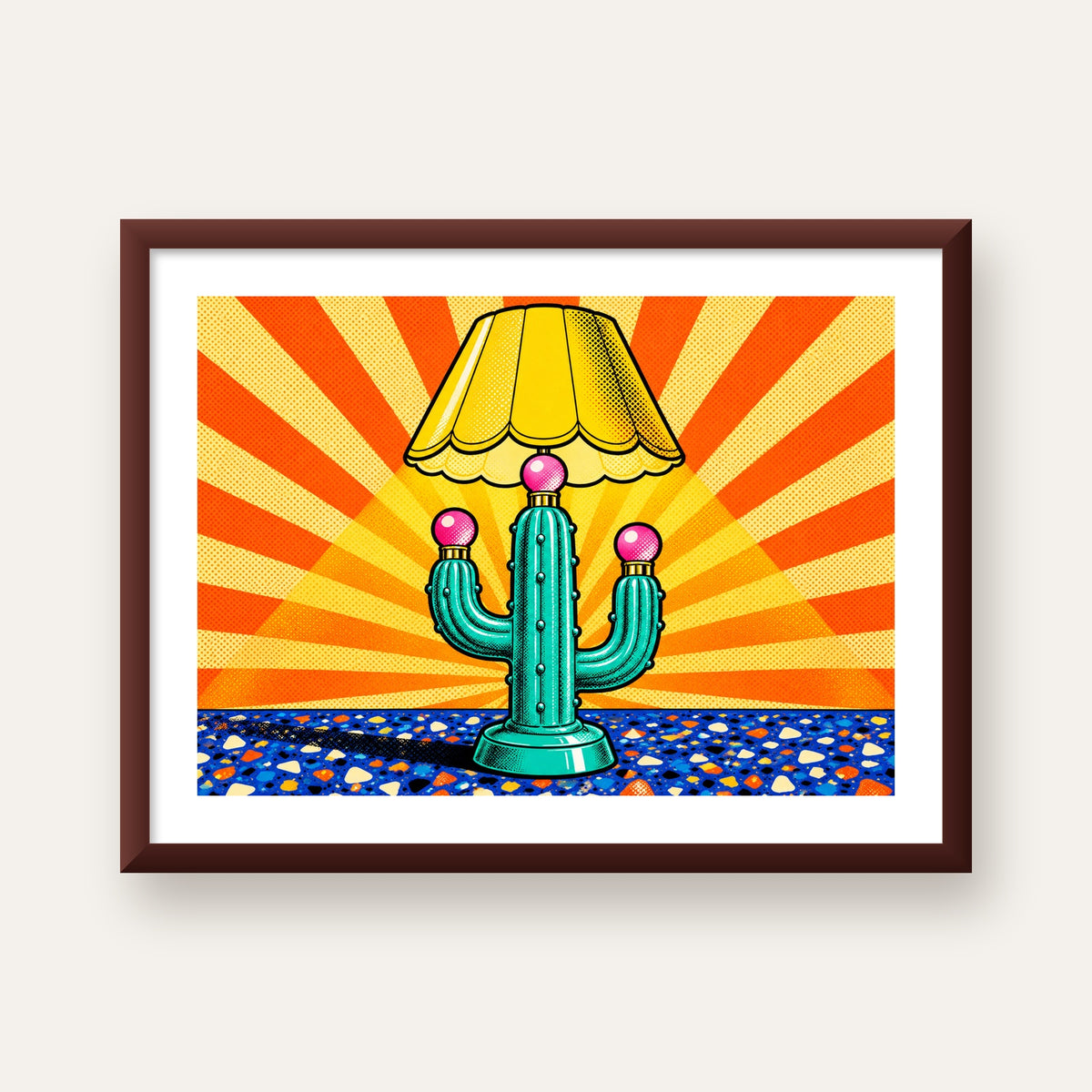 Kaktüs Abajur Pop Art Poster – Renkli Retro Çizgi Roman Tasarımı — ceviz çerçeveli paspartulu